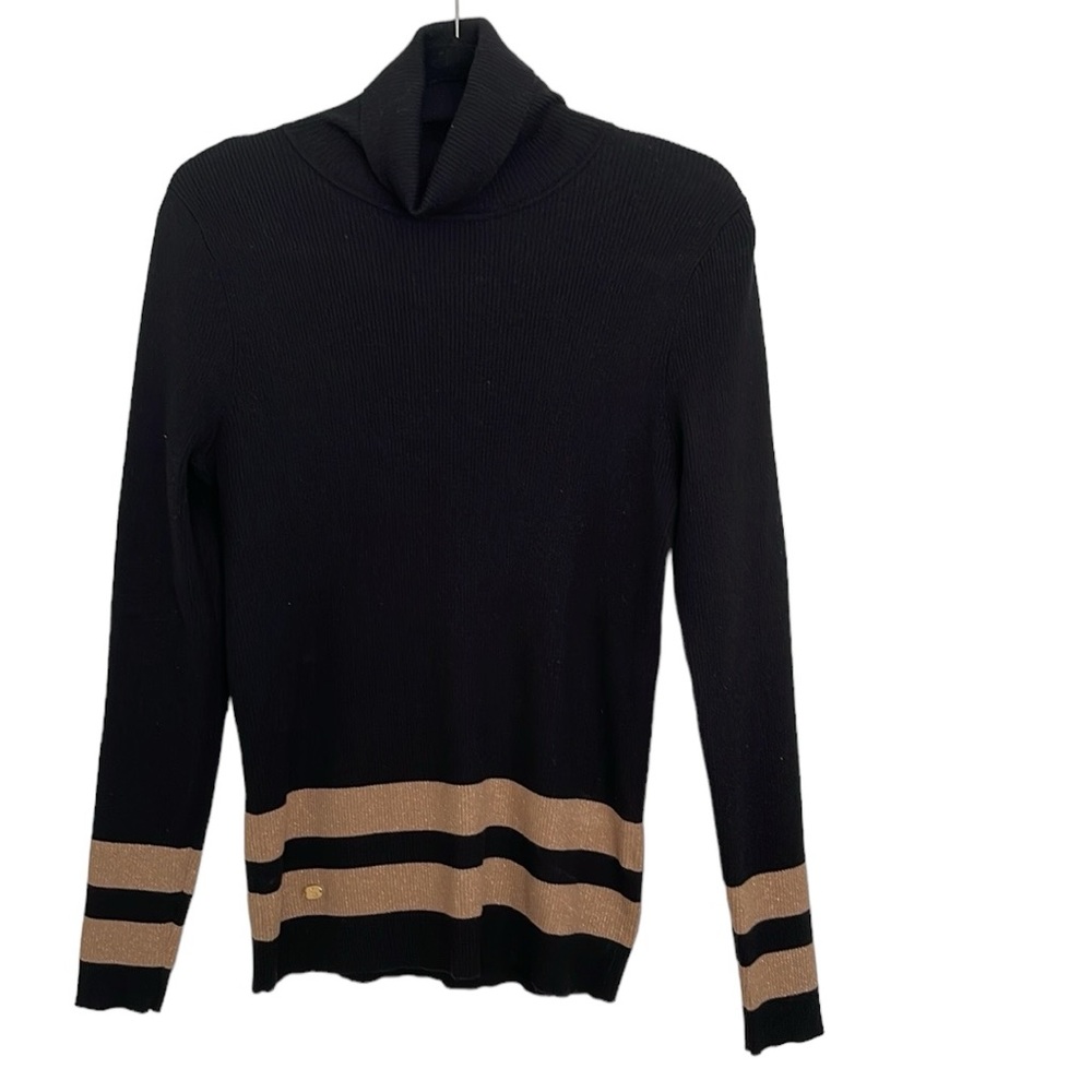 Lauren Ralph Lauren black rib gold striped turtleneck sweater made in Hong Kong